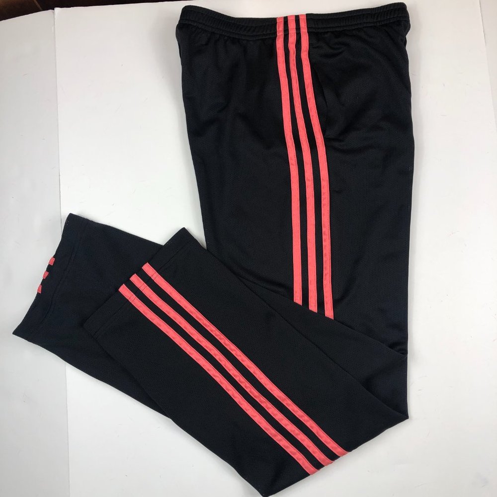 adidas Mesh Black & Coral 3 Stripe Comfy Athleisure Athletic Pants Gym Workout